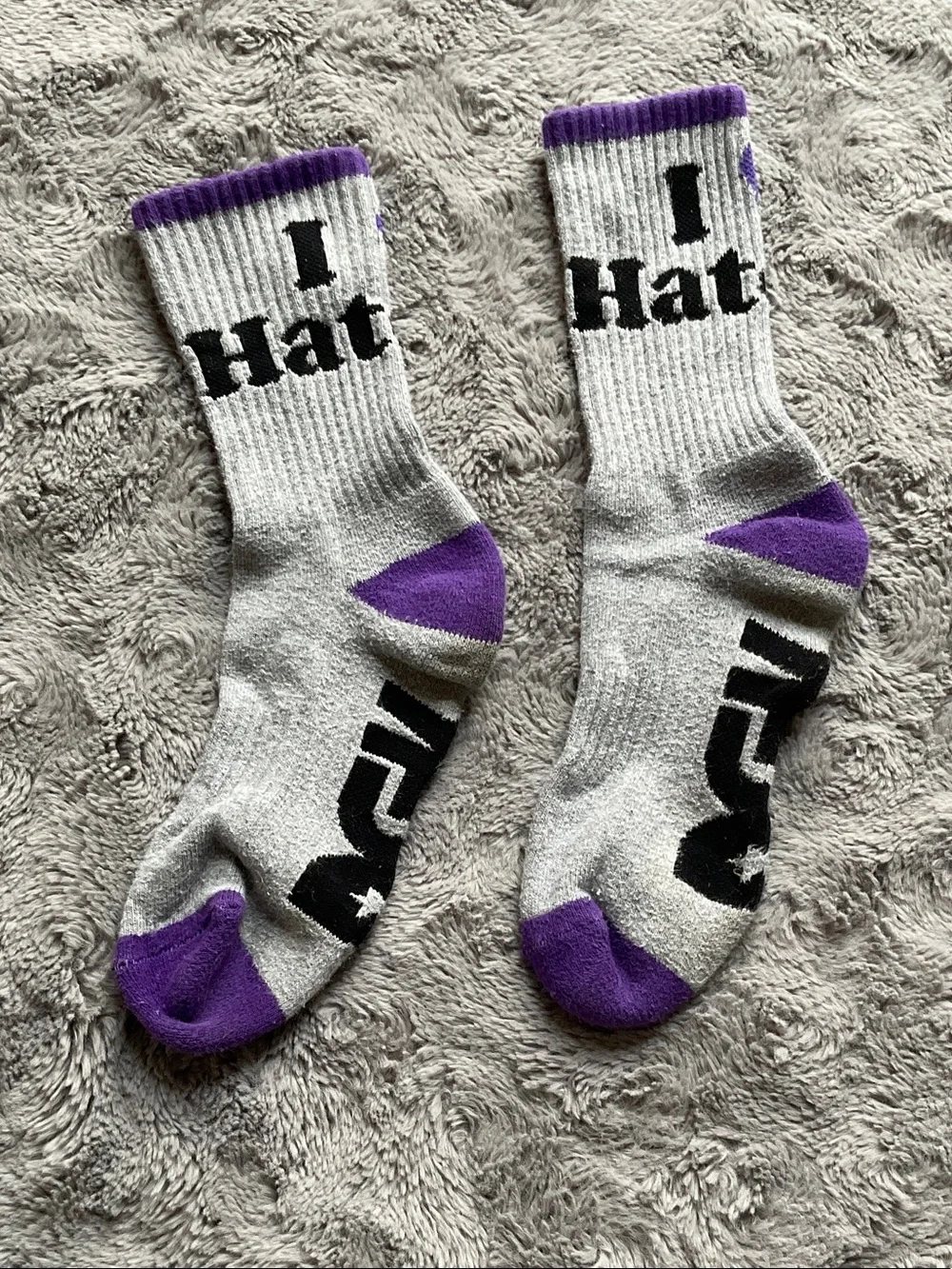 Gray & Purple Graphic Crew Socks - “I heart haters”